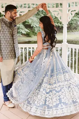 grey net lehenga choli with embroidered pallu and designer look