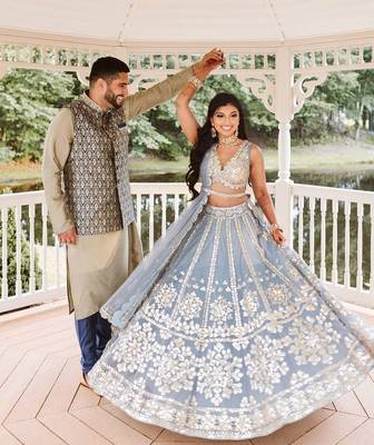 grey net lehenga choli with embroidered pallu and designer look 4