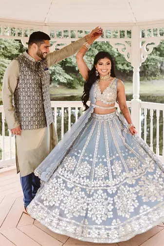 grey net lehenga choli with embroidered pallu and designer look