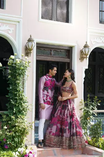 multicolor georgette lehenga choli with embroidered fancy dupatta
