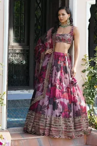 multicolor georgette lehenga choli with embroidered fancy dupatta