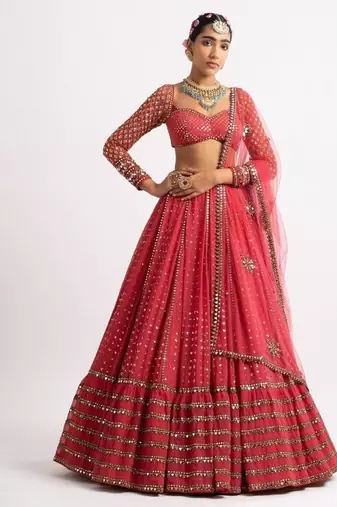 red georgette lehenga choli with embroidered fancy dupatta