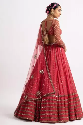 red georgette lehenga choli with embroidered fancy dupatta