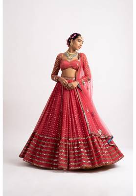 red georgette lehenga choli with embroidered fancy dupatta 4