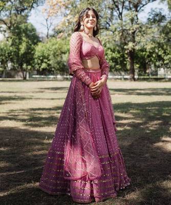pink georgette lehenga choli with embroidered fancy dupatta 1