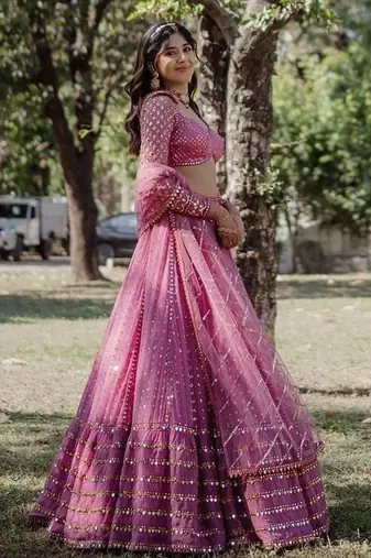 pink georgette lehenga choli with embroidered fancy dupatta