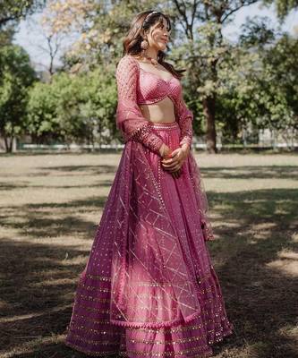 pink georgette lehenga choli with embroidered fancy dupatta 3