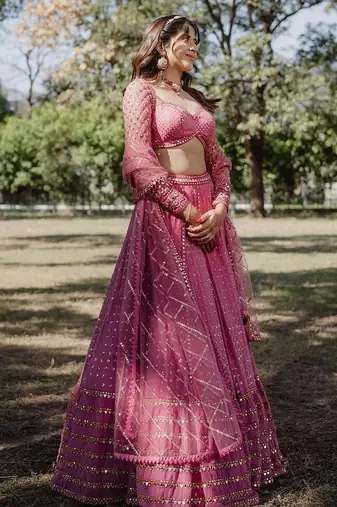pink georgette lehenga choli with embroidered fancy dupatta