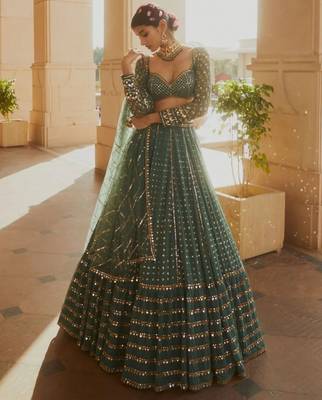 green georgette lehenga choli with embroidered fancy dupatta 1
