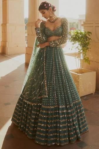 green georgette lehenga choli with embroidered fancy dupatta