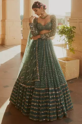 GREEN EMBROIDERY GEORGETTE FASHION LEHENGA CHOLI WITH DUPATTA
