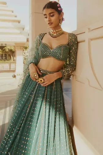 green georgette lehenga choli with embroidered fancy dupatta
