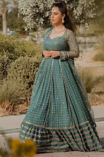 green georgette lehenga choli with embroidered fancy dupatta