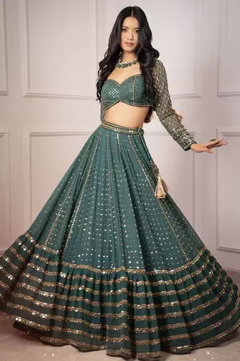 green georgette lehenga choli with embroidered fancy dupatta