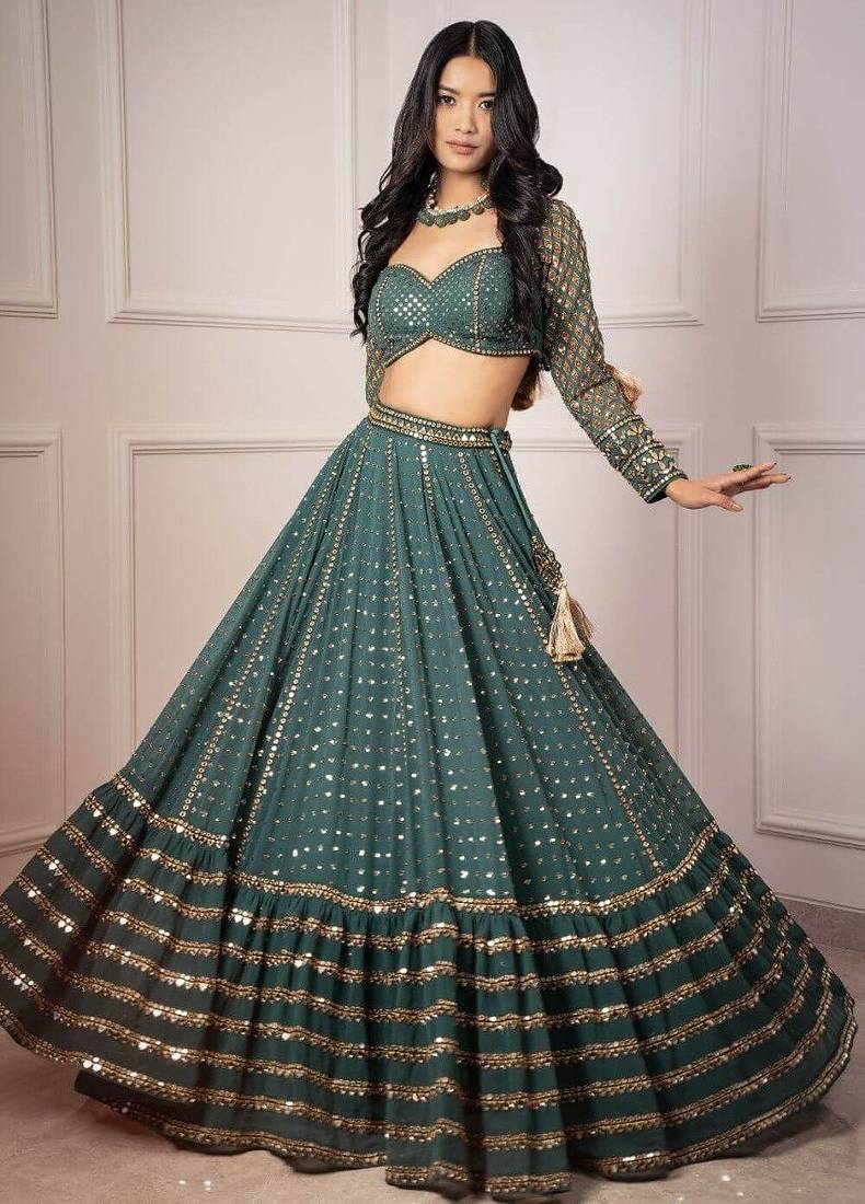 GREEN EMBROIDERY GEORGETTE FASHION LEHENGA CHOLI WITH DUPATTA