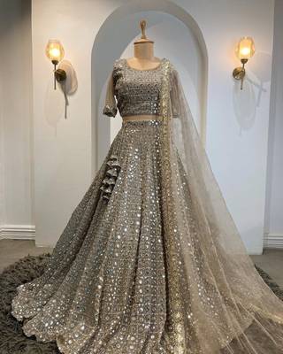 grey georgette lehenga choli with mirror blouse and embroidered dupatta 1