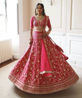 pink embroidered malai satin lehenga choli with designer dupatta 1