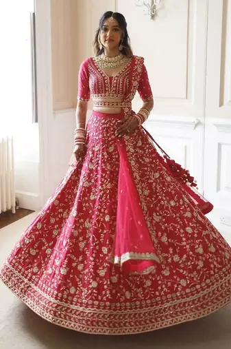 PINK EMBROIDERY MALAI SATIN BOLLYWOOD LEHENGA CHOLI WITH DUPATTA