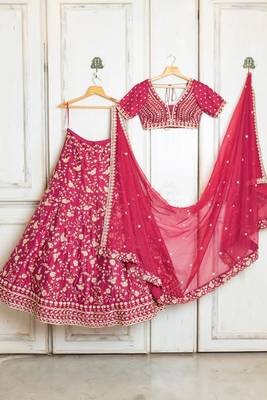 pink embroidered malai satin lehenga choli with designer dupatta 2