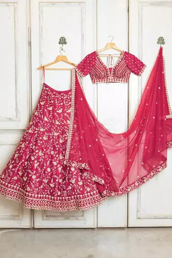 pink embroidered malai satin lehenga choli with designer dupatta