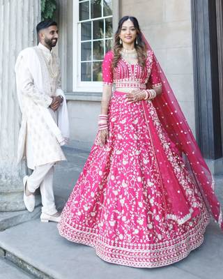 pink embroidered malai satin lehenga choli with designer dupatta 3