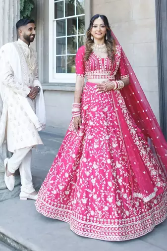 pink embroidered malai satin lehenga choli with designer dupatta