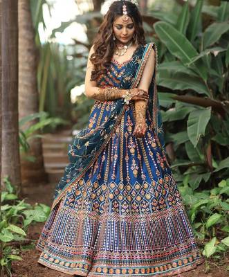 blue embroidered chinon silk lehenga choli with dupatta 1
