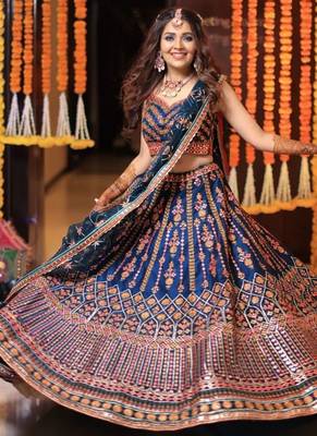 blue embroidered chinon silk lehenga choli with dupatta 2
