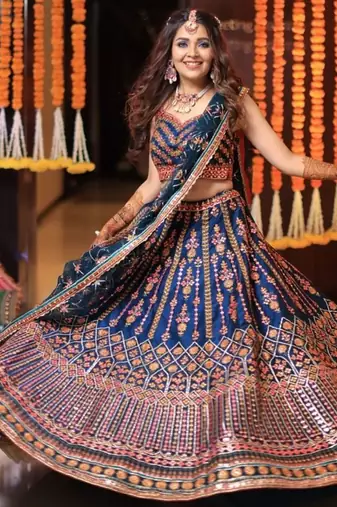 blue embroidered chinon silk lehenga choli with dupatta