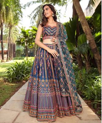 blue embroidered chinon silk lehenga choli with dupatta 3