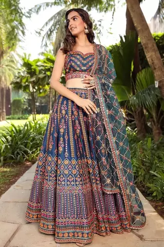 blue embroidered chinon silk lehenga choli with dupatta