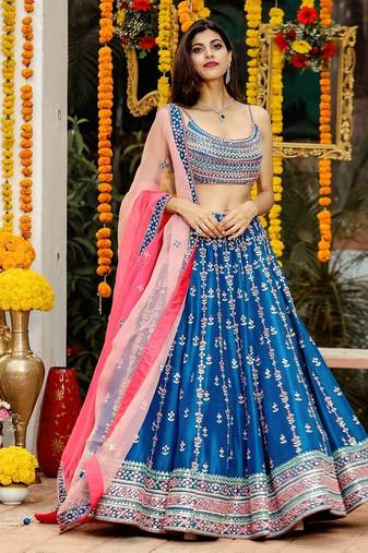designer blue silk lehenga choli with fancy pallu dupatta