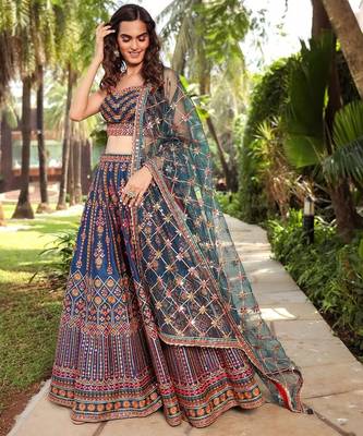 blue embroidered chinon silk lehenga choli with dupatta 4