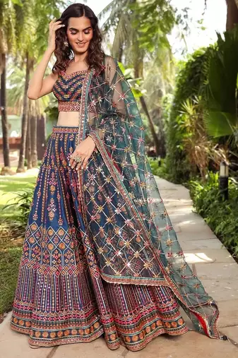 blue embroidered chinon silk lehenga choli with dupatta
