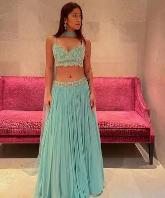turquoise georgette lehenga choli with sequins blouse and dupatta 1