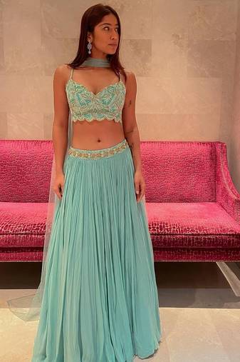 turquoise georgette lehenga choli with sequins blouse and dupatta