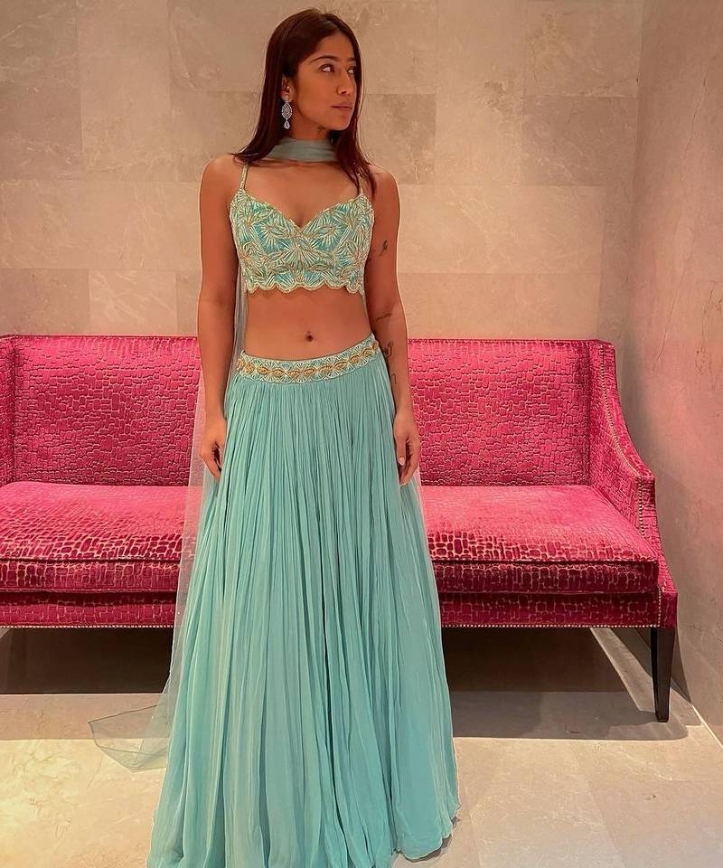 TURQUOISE EMBROIDERY GEORGETTE DESIGNER LEHENGA CHOLI WITH DUPATTA