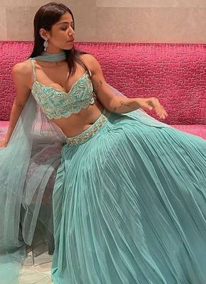 turquoise georgette lehenga choli with sequins blouse and dupatta 2