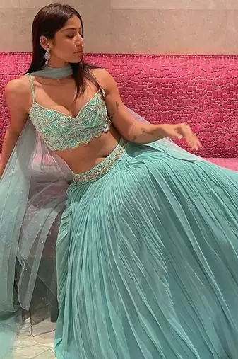 turquoise georgette lehenga choli with sequins blouse and dupatta