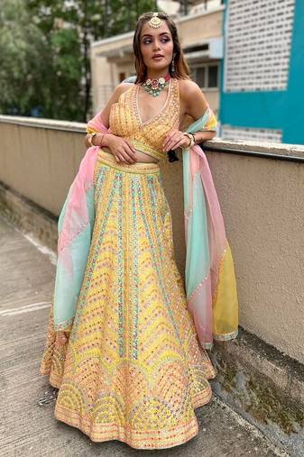 yellow dola silk lehenga choli with embroidered dupatta
