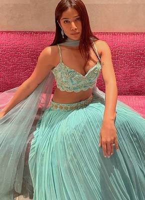 turquoise georgette lehenga choli with sequins blouse and dupatta 3