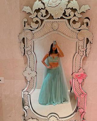 turquoise georgette lehenga choli with sequins blouse and dupatta 4