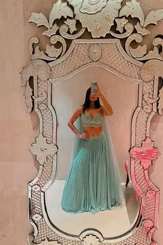turquoise georgette lehenga choli with sequins blouse and dupatta