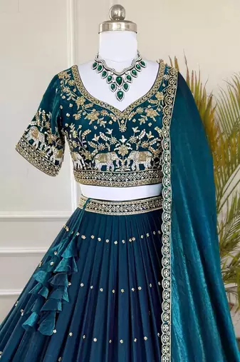 royal teal elephant motif lehenga set