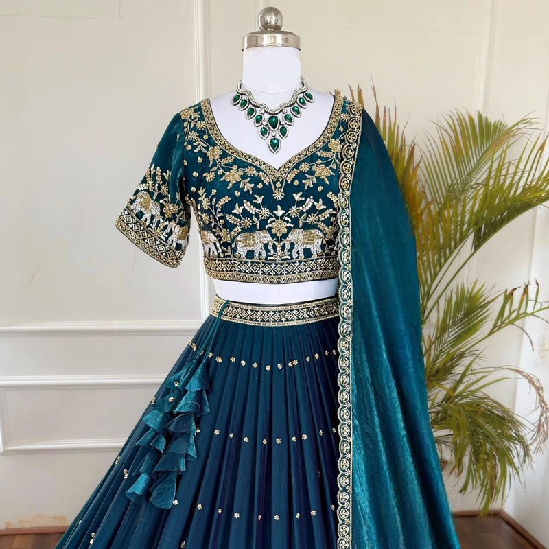 Royal Teal Elephant Motif Lehenga Set