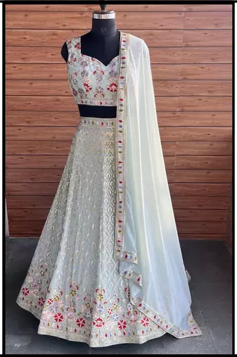 Mint White Floral Embroidered Lehenga with dupatta