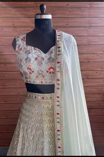 mint white floral embroidered lehenga with dupatta