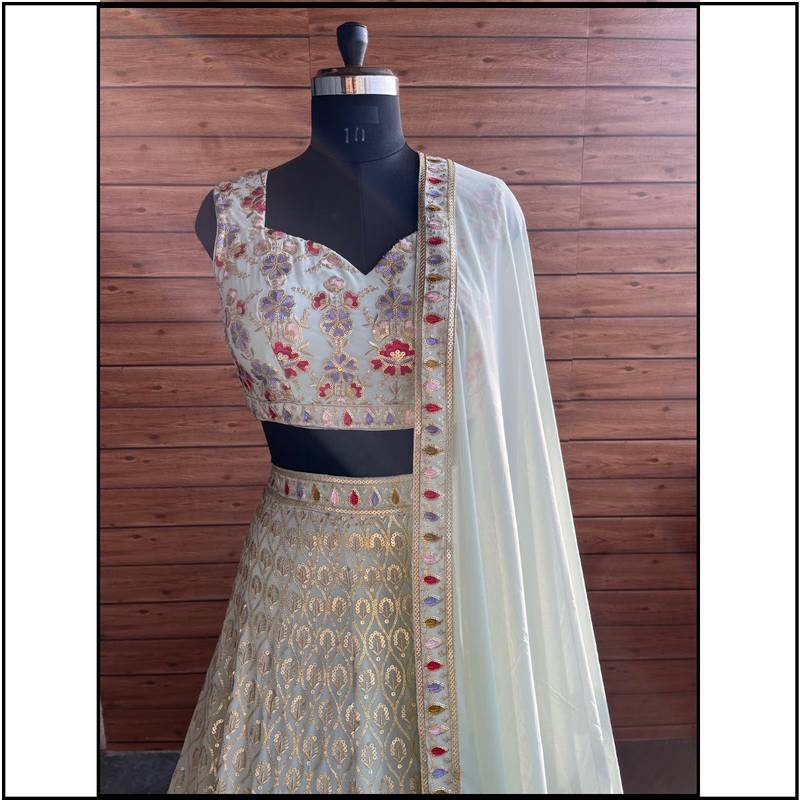 Mint White Floral Embroidered Lehenga with dupatta