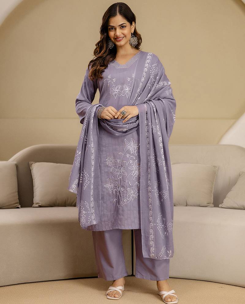 Purple Pure Cotton Leaf Print Embroidery Work Anarkali Kurta Pant with Dupatta