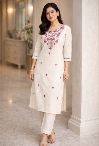 Off-White Embroidered Cotton Kurta & Pant Set